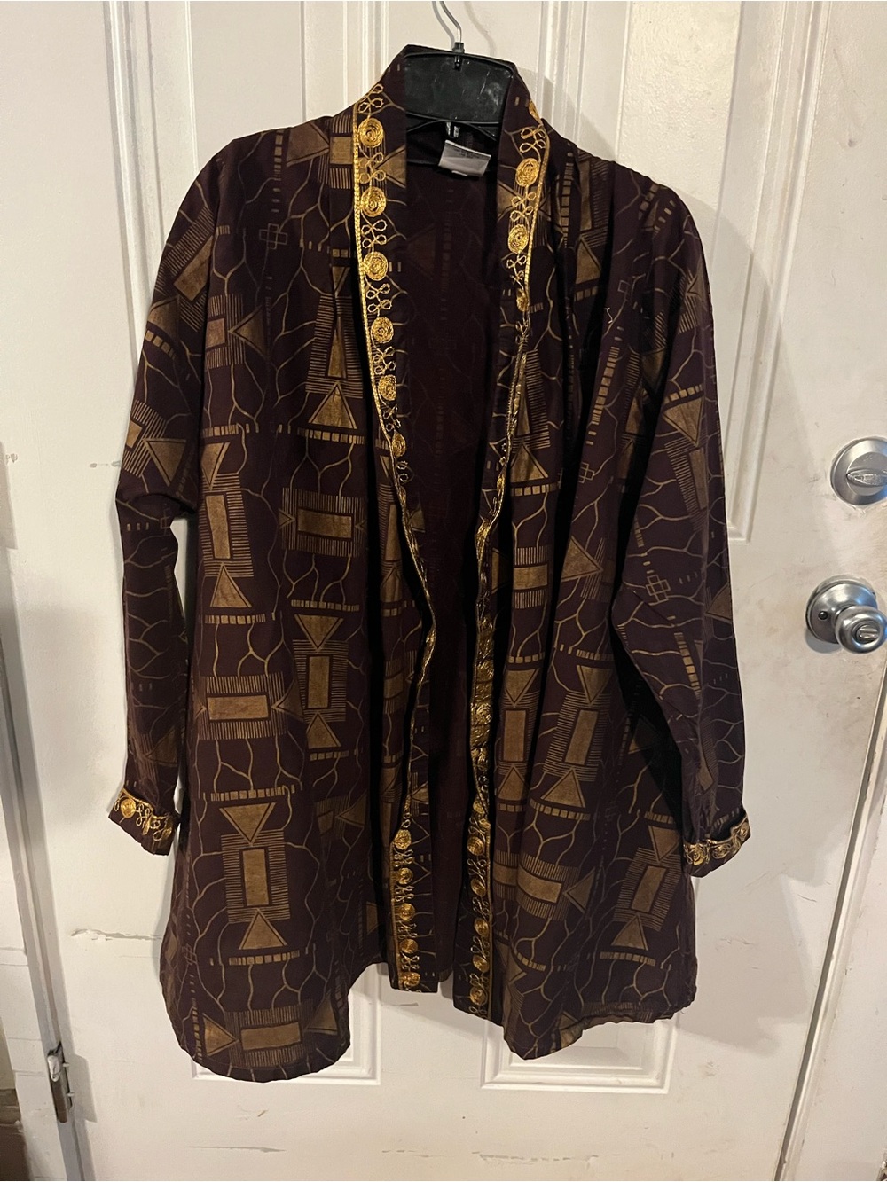 The African Village Brown & Gold Geometric Print Open Front Jacket OS Cotton